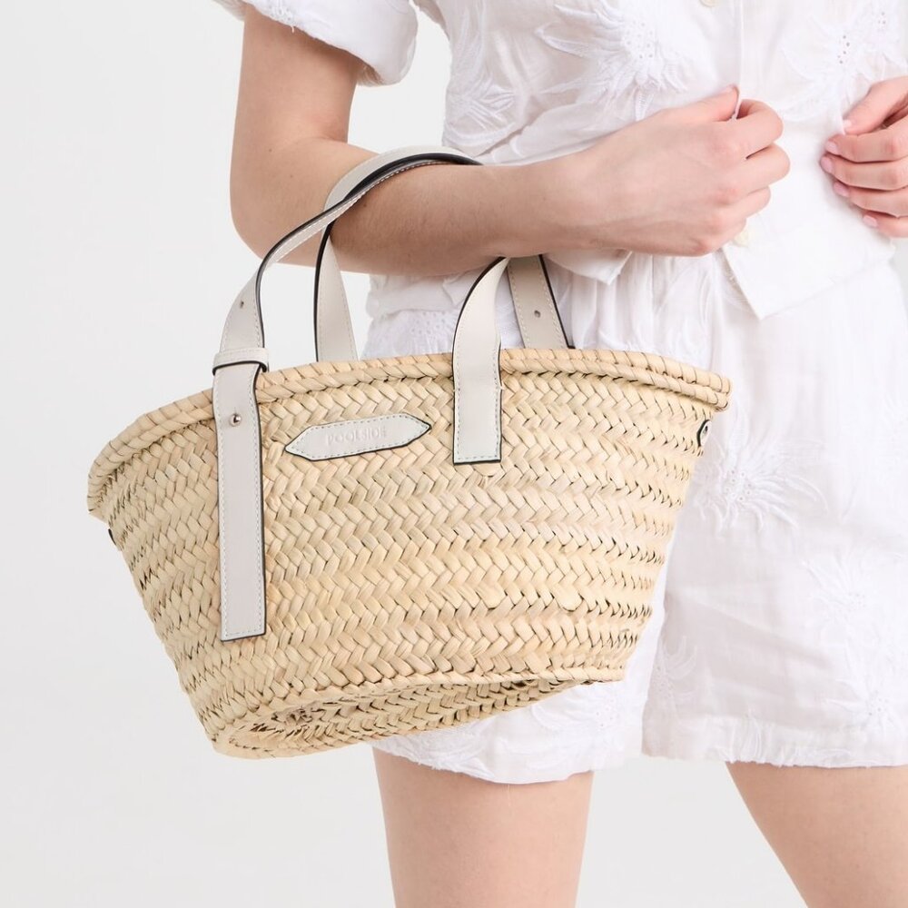 🏝️ POOLSIDE Essaouira Small White Real Leather Straw Basket Bag - Picture 2 of 16